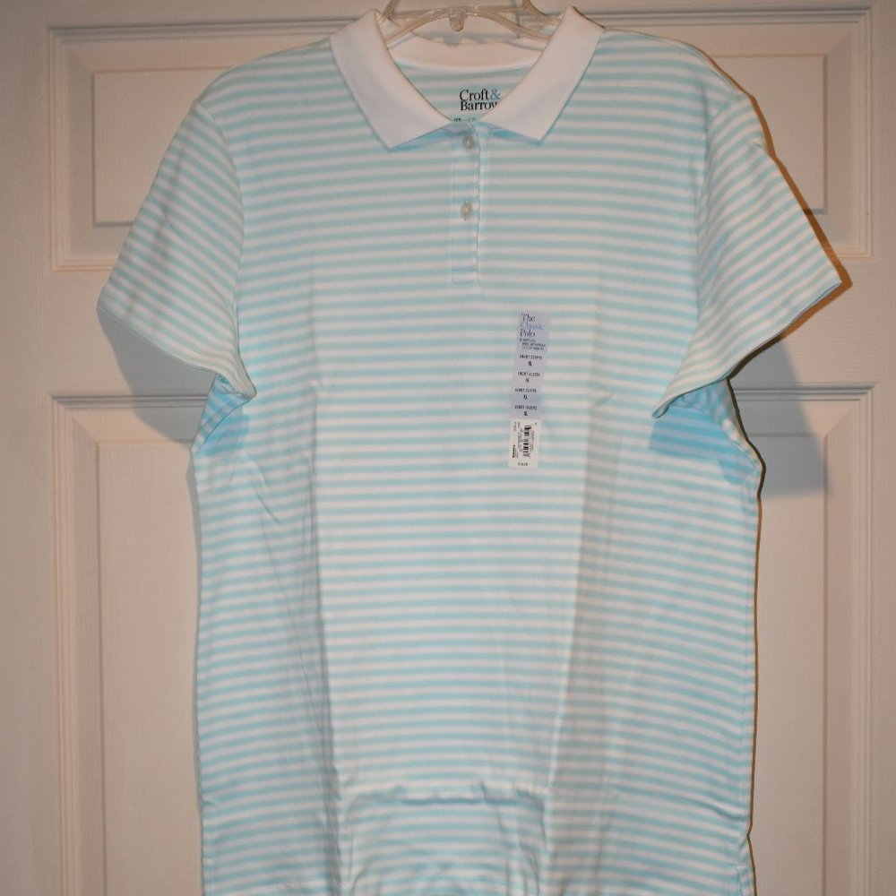 Croft & Barrow Women's Teal Striped Short Sleeve Extra Soft Polo Shirt Size XL
